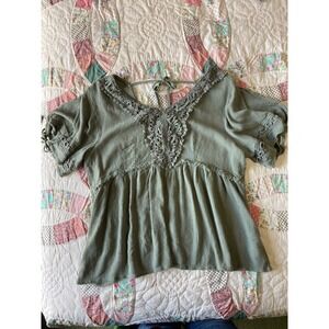 Maurices Sage Green Crochet Lace Babydoll Blouse Short Sleeve Boho Top Large